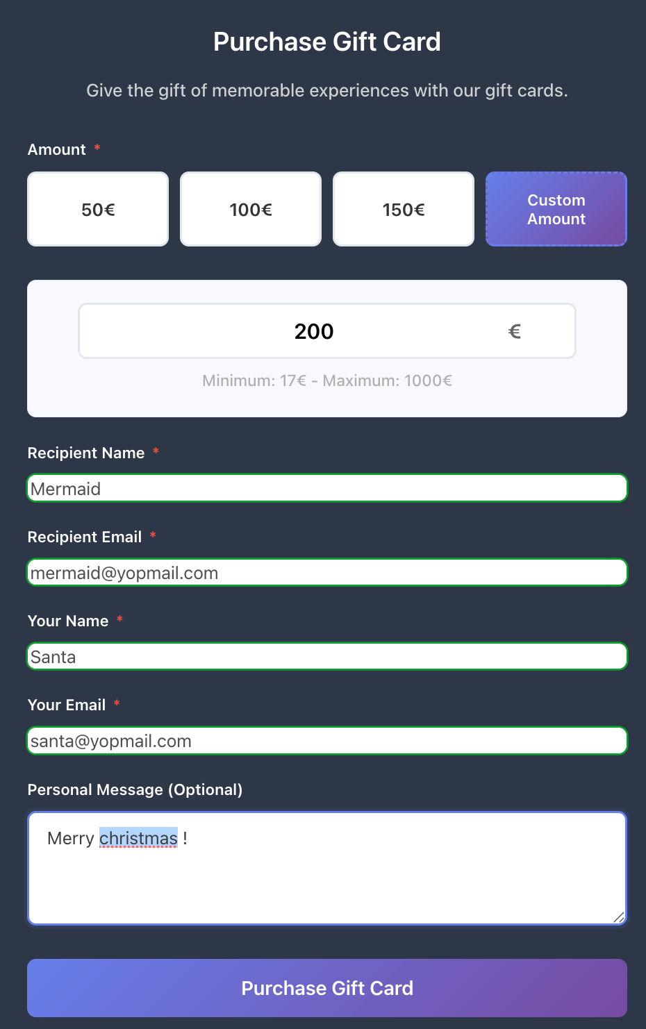 Gift card amount selection